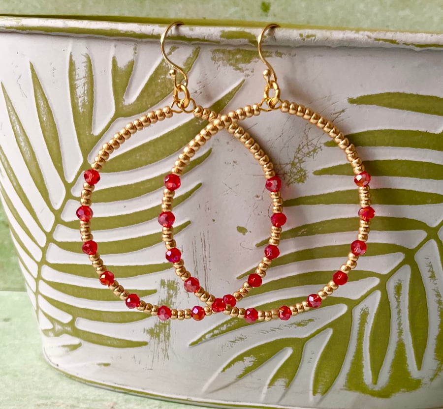 Extra Large Beaded Hoop Earrings - Red & Gold 