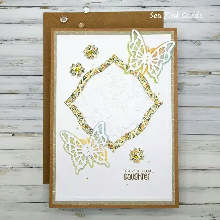 Daughter Birthday Card - cards, embossed, mandala, butterfly, nature colours