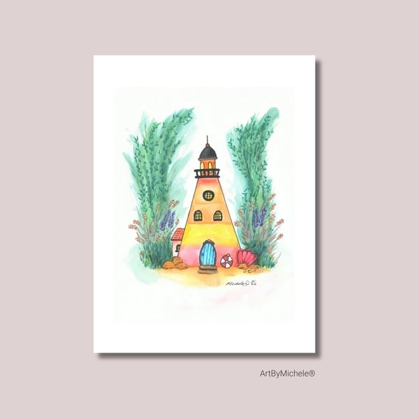 Whimsy Watercolour Lighthouse Naive Art Illustration