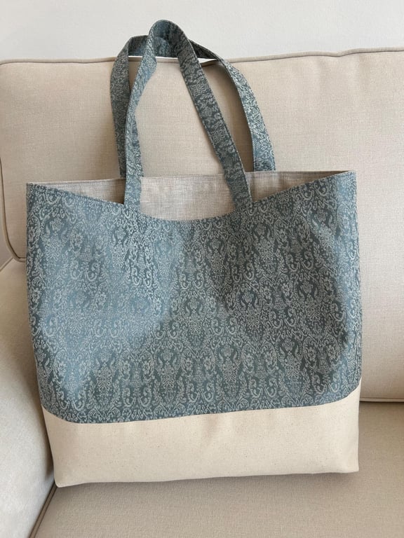Light Blue Jacquard Wool Linen Tote, Canvas Shopper