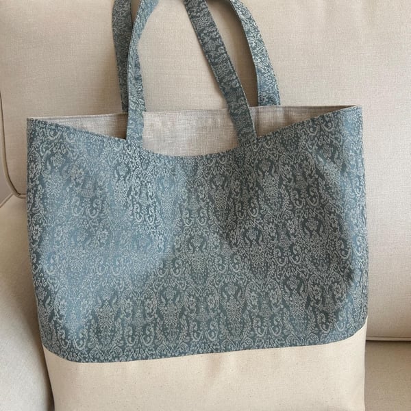 Light Blue Jacquard Wool Linen Tote, Canvas Shopper