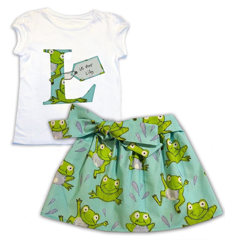 Girl's Frog Personalised Skirt and T-shirt Outfit, Girls Clothing