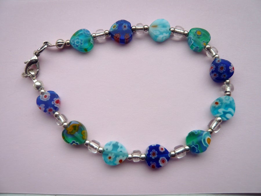 Blue and Green Millefiore Heart Bead Bracelet