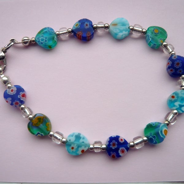 Blue and Green Millefiore Heart Bead Bracelet