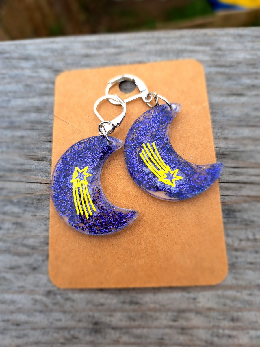 Shooting stars and purple glitter moon shaped earrings