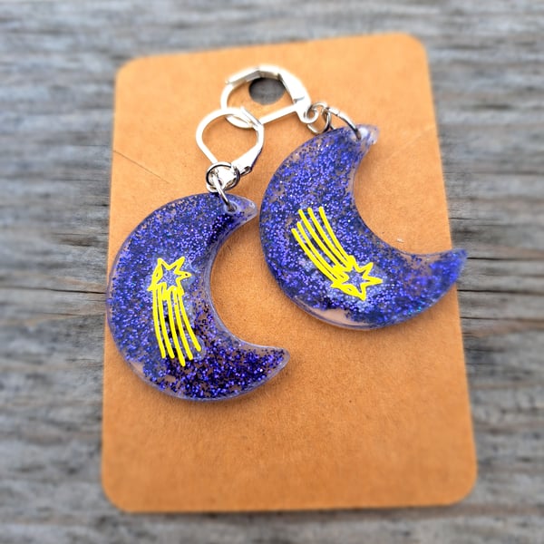 Shooting stars and purple glitter moon shaped earrings