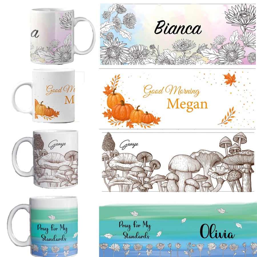 Personalised Name Mug - 9 Designs - Abstract Art - Tea Coffee Cup, Mushroom Gift