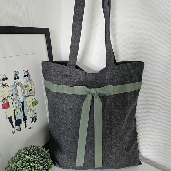 Recycled Grey Tote Bag: Sage Green Ribbon, Chic Everyday Style