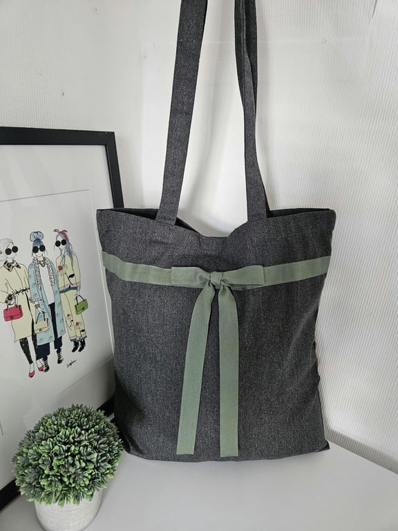 Recycled Grey Tote Bag: Sage Green Ribbon, Chic Everyday Style