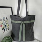 Recycled Grey Tote Bag: Sage Green Ribbon, Chic Everyday Style