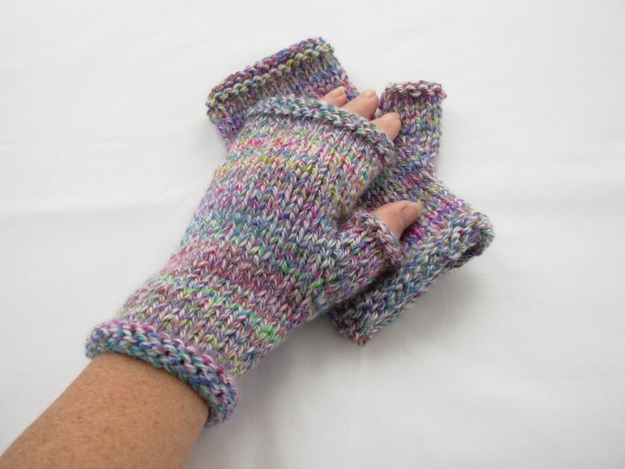 Fingerless Mitts Adults Hand Knitted Multi Coloured