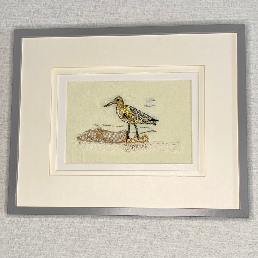 Sandpiper wall Art, hand embroidered on vintage linen free p&p
