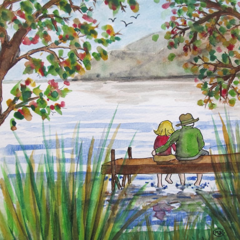 Couple in love together on a jetty at a lake. Country site. Original painting