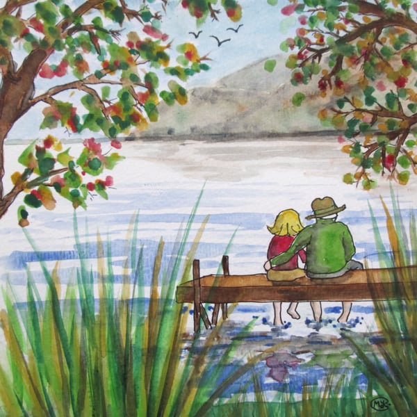 Couple in love together on a jetty at a lake. Country site. Original painting
