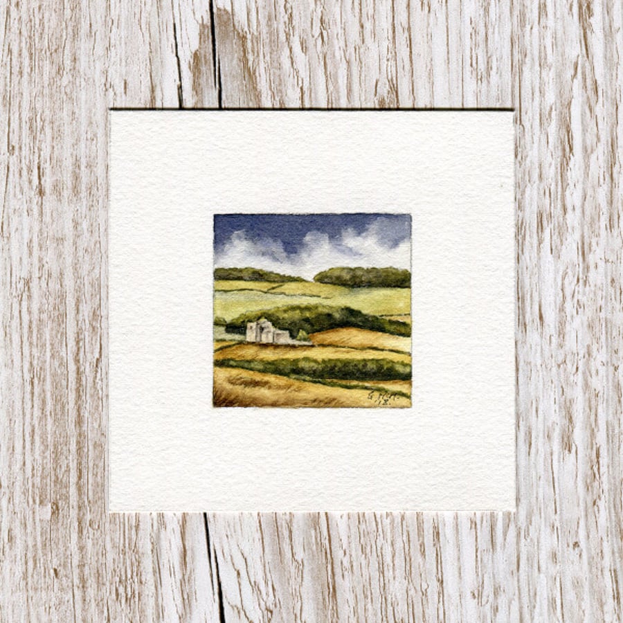 Original Watercolour Miniature - painting of Scotland in early harvest