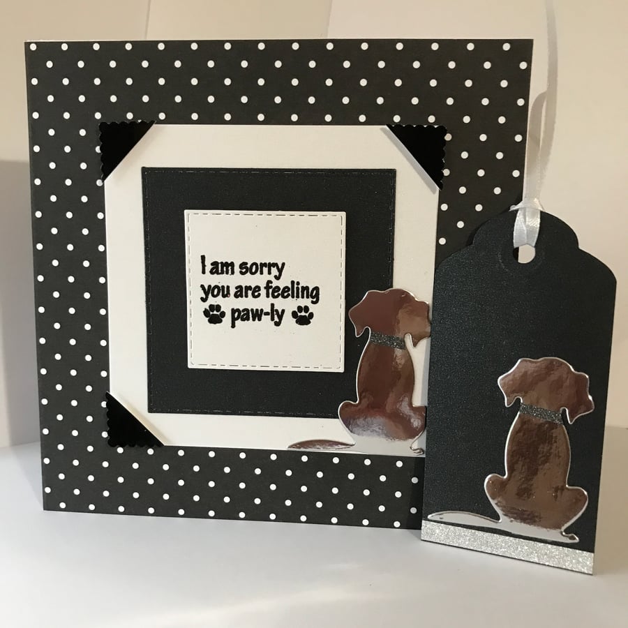 Handmade Get Well sickness dog card 6 x 6 ins with matching Gift tag 