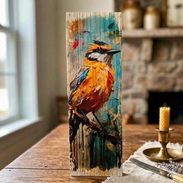Dopamine Decor, Textured Wall Art, Palette Knife Bird, Photo Transfer Art