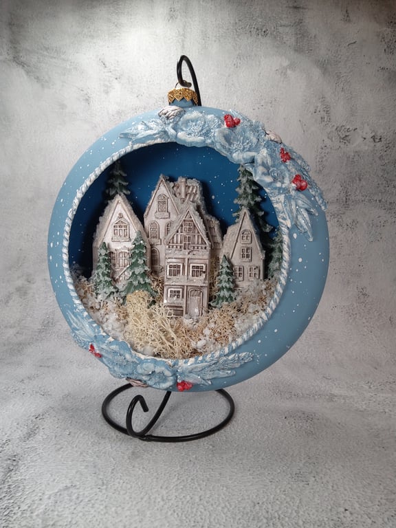 Handmade Christmas Bauble - Winter Village Scene with LED Lights.(A)