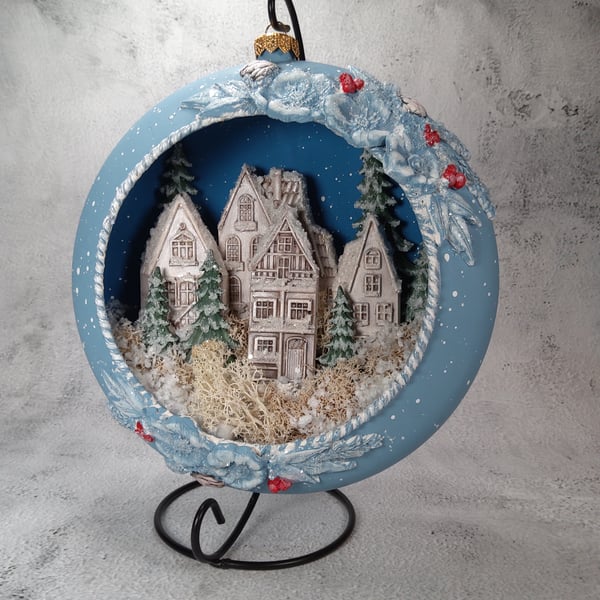 Handmade Christmas Bauble - Winter Village Scene with LED Lights.(A)