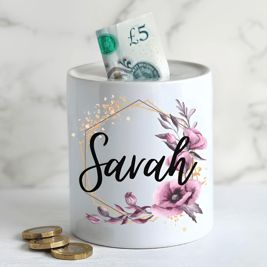 Personalised Ceramic Money Box -Novelty Present- Floral Name Gift