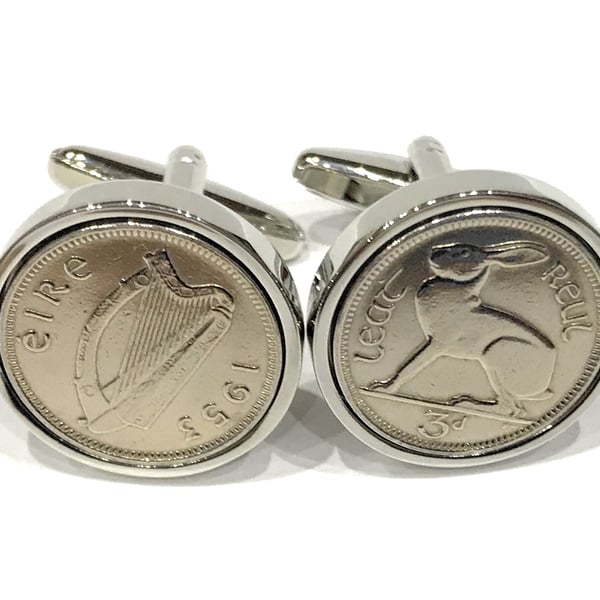 1953 Irish coin cufflinks- Great gift idea. Genuine Irish 3d threepence coin cuf