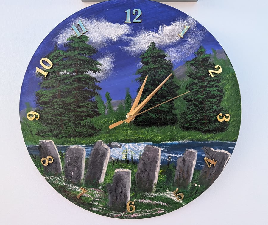 Standing Stones Wall Clock, handmade and Hand Painted, 