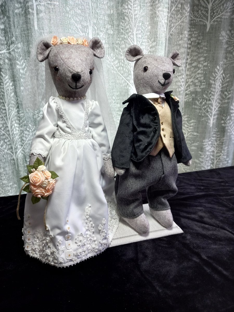 Doll - Handmade -Bear or Mouse Wedding Couple in Love on a stand 15 inches High