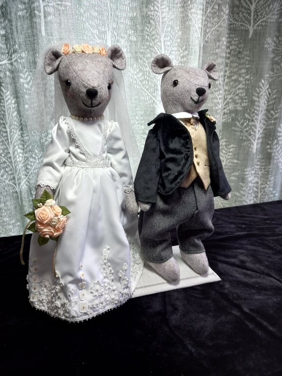 Doll - Handmade -Bear or Mouse Wedding Couple in Love on a stand 15 inches High