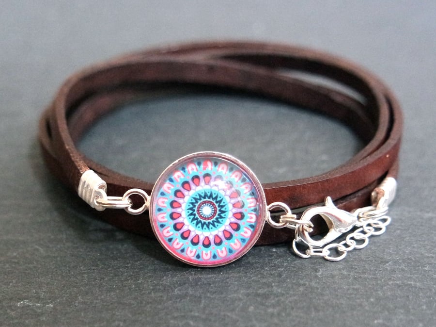 Mandala leather wrap bracelet - blue violet pink