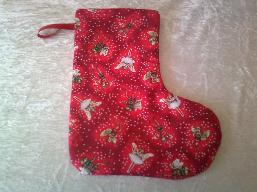 Christmas Flower Fairies on a Red Background Stocking