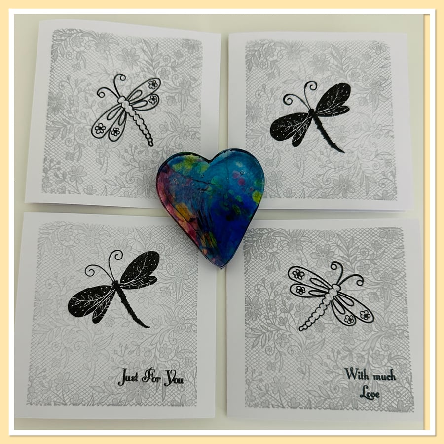 Dragonfly on floral silver notelet blank cards,   set of 4 