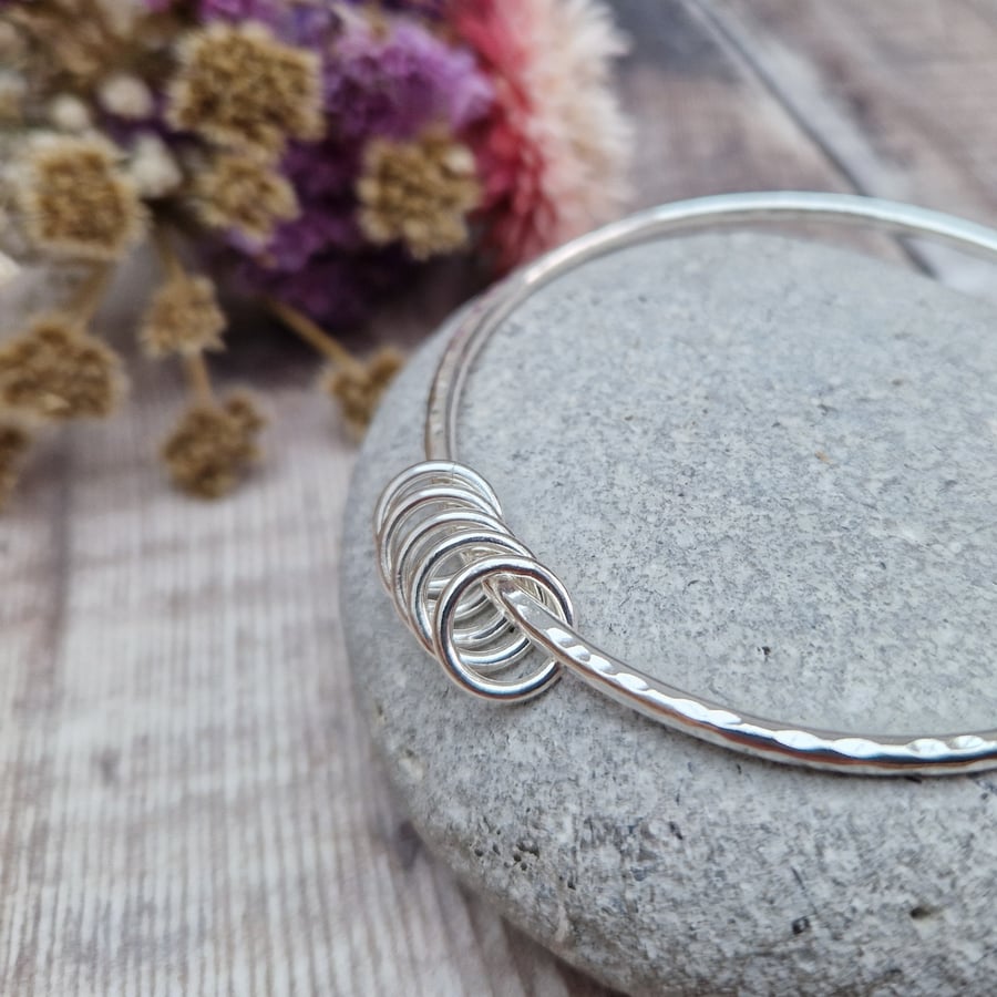 Sterling Silver Hammered Round Bangle with Five Rings - 50th Birthday, 5 Decades