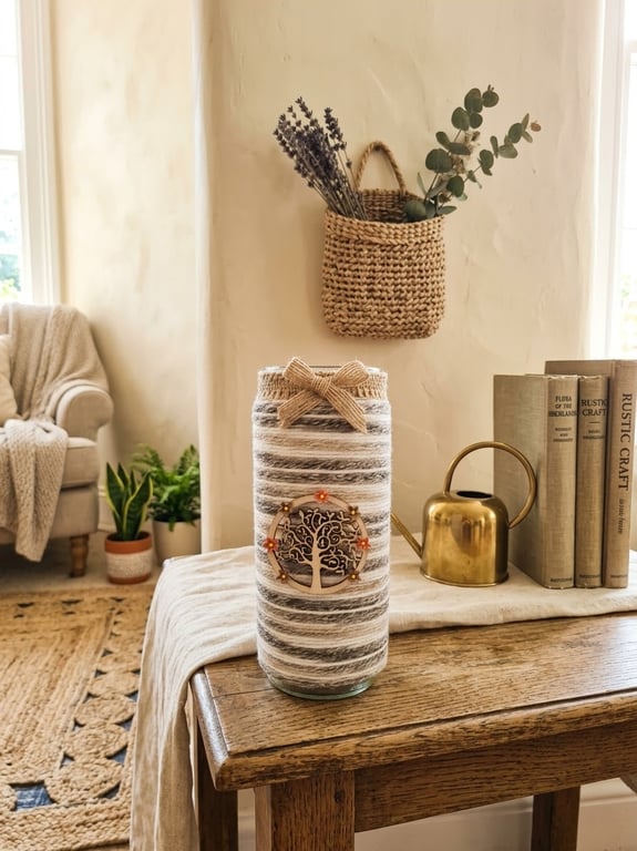 Upcycled Hancrafted 'Tree Of Life' Yarn Wrapped Glass Vase, Rustic Home Decor