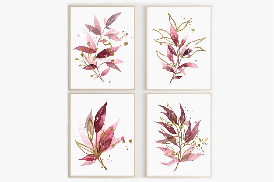 Watercolour leaves wall prints, plants wall decor, leaf wall art prints