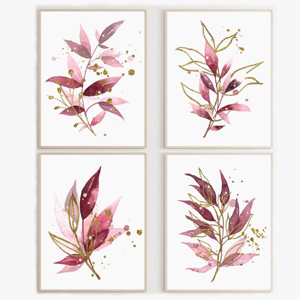 Watercolour leaves wall prints, plants wall decor, leaf wall art prints