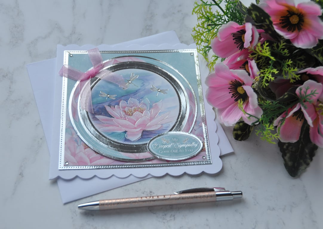 My Deepest Sympathy Card Pink Water Lily Dragonflies 3D Luxury Handmade Card
