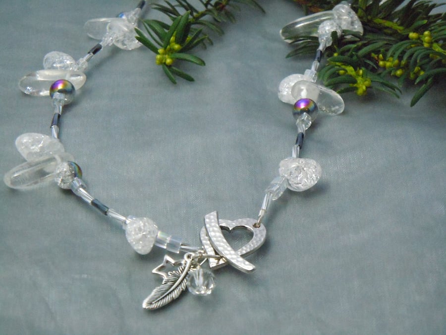 Quartz Crystal necklace with a heart toggle clasp, charms & Swarovski crystal