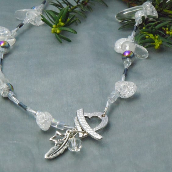 Quartz Crystal necklace with a heart toggle clasp, charms & Swarovski crystal