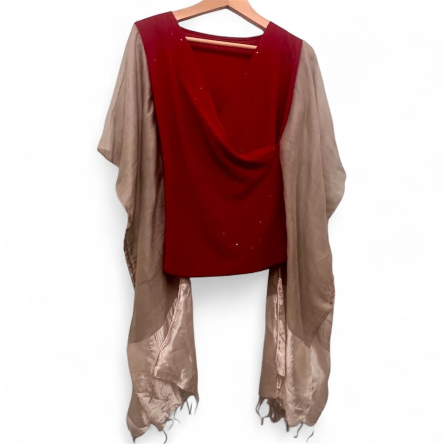 Festive Boho Drape Top in Red and Silver – Plus Size Friendly