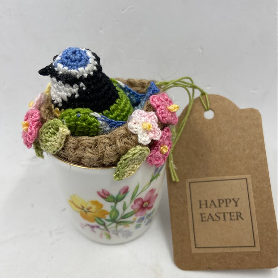 Egg Cup with Tiny Crochet Blue Tit in Nest