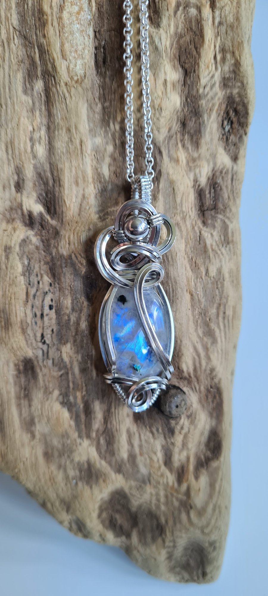 Handmade Natural Rainbow Moonstone & 925 Silver Necklace Pendant Crystal Gift