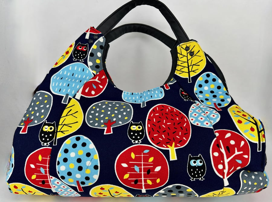 Handmade fully lined owl tree cotton tapestry hobo bag with faux leather detail