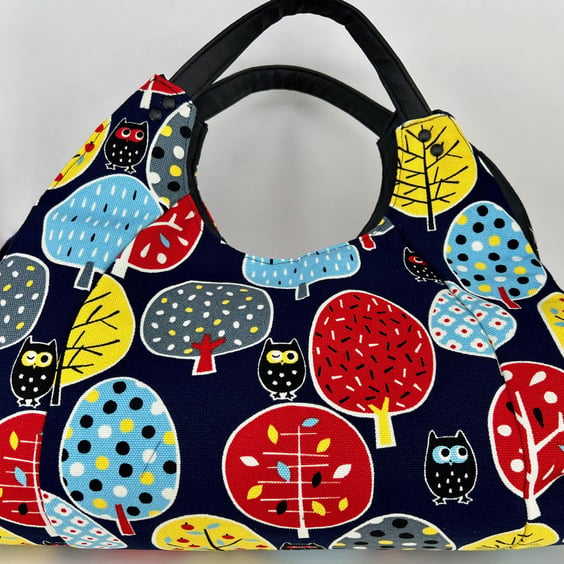 Handmade fully lined owl tree cotton tapestry hobo bag with faux leather detail