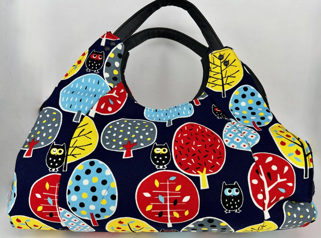 Handmade fully lined owl tree cotton tapestry hobo bag with faux leather detail
