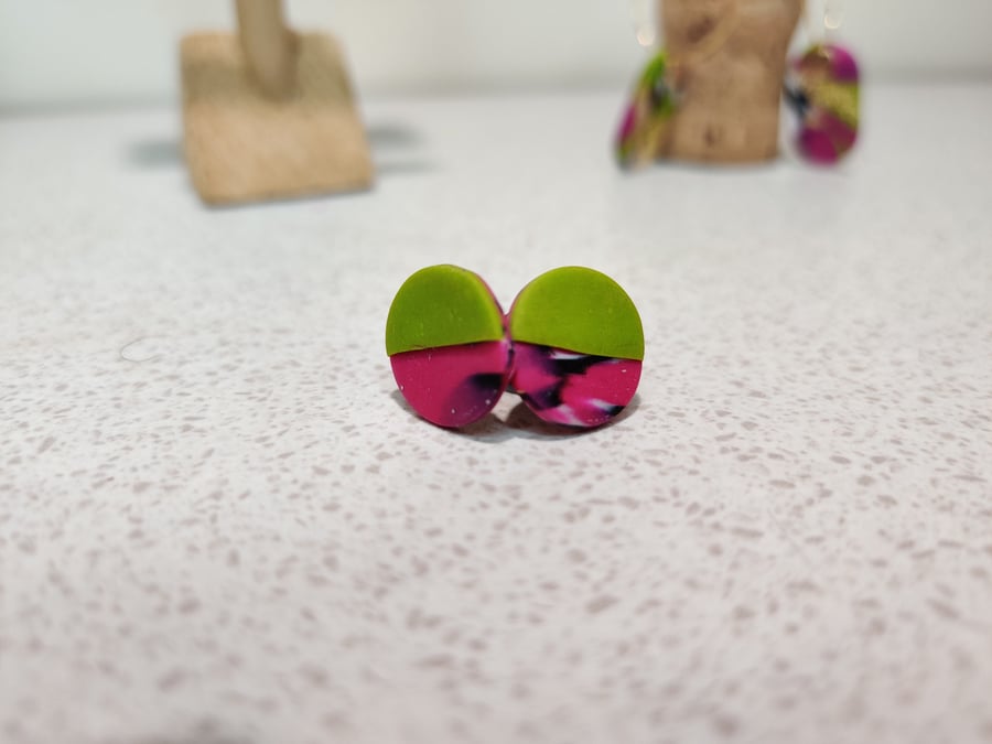 Pink and green contrast small stud earrings 