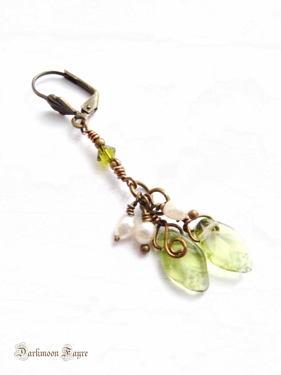 Pearl And Glass Mistletoe Earrings In Antiqued Bronze. Optional Niobium Earwires