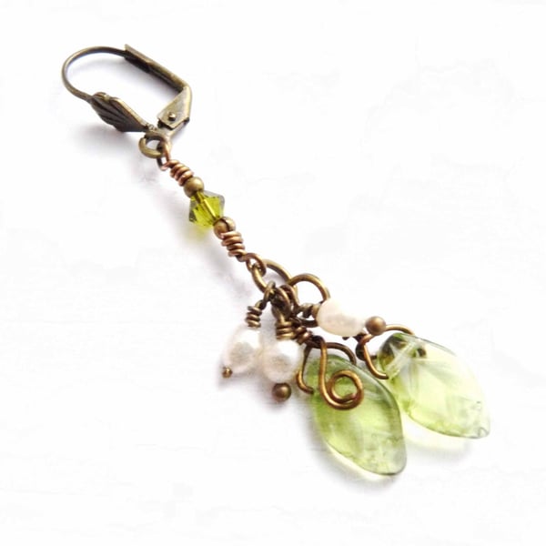 Pearl And Glass Mistletoe Earrings In Antiqued Bronze. Optional Niobium Earwires