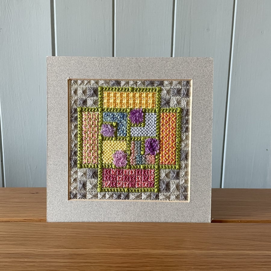 Canvas Flower Garden Embroidery. Hand stitched Art work. Textiles art. Original 