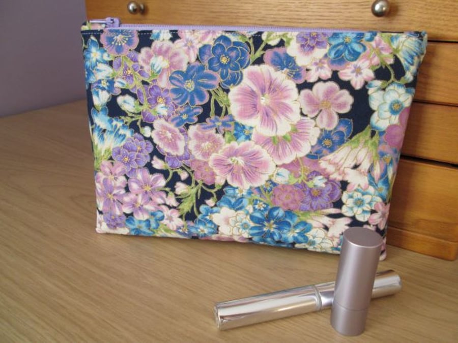 Blue and Purple Floral Make Up Bag, Storage Bag, Pencil Case