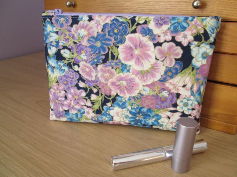 Blue and Purple Floral Make Up Bag, Storage Bag, Pencil Case, Zip Top Bag